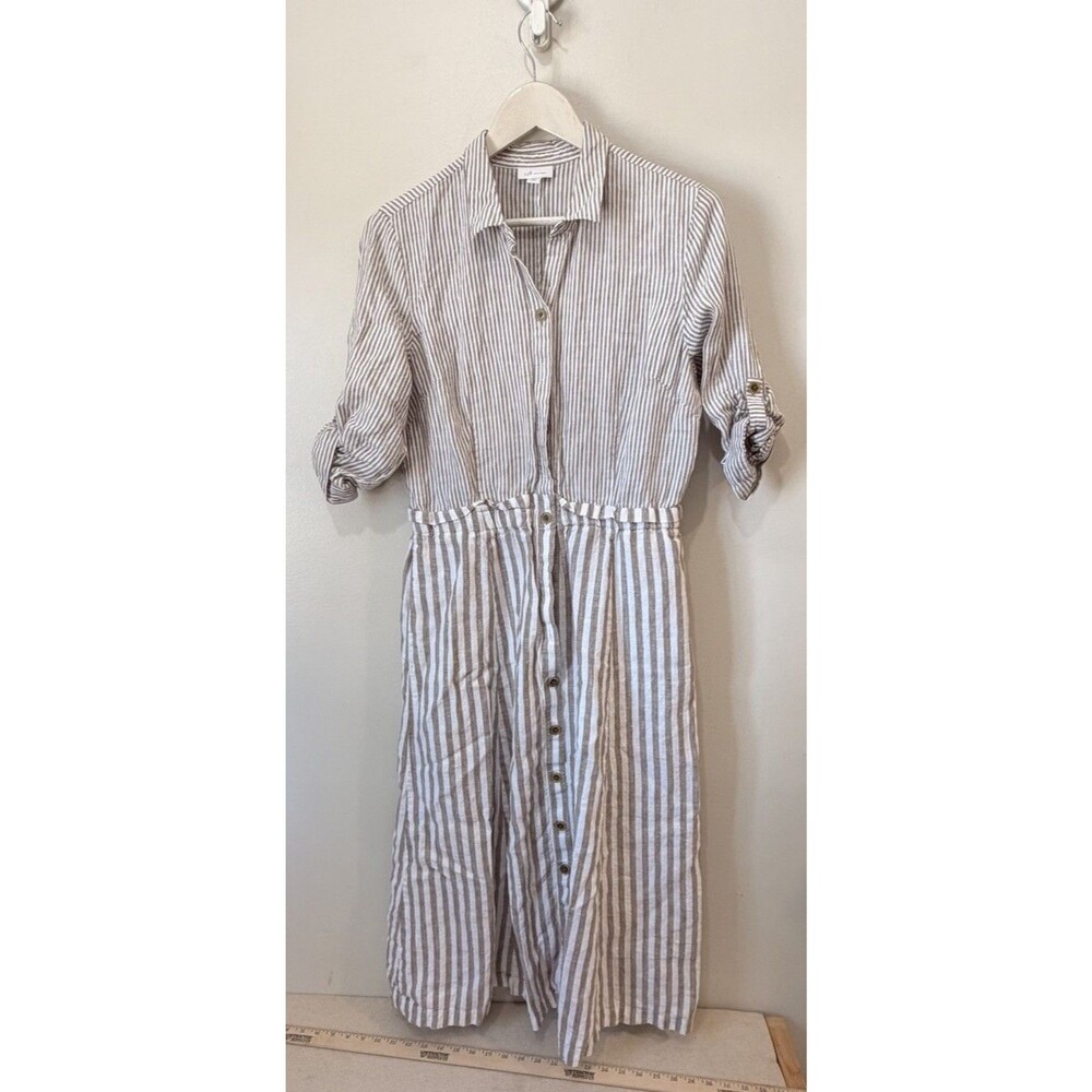 J. Jill Linen Button-Front Midi Shirt Dress Tan Stripe Women's Sz Petitie Medium